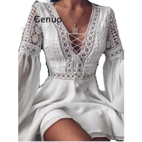 2021 Spring Women Sexy Crochet Lace V-Neck Party Dress Elegant Flare Sleeve Chiffon Mini Dresses Ladies Fashion Hollow Out Dress