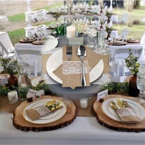 10pcs Wedding Decorations Line Lace Cutlery Bag Wedding Burlap Knife and Fork Bag for Baby Shower Decorations Birthday Kids DIY