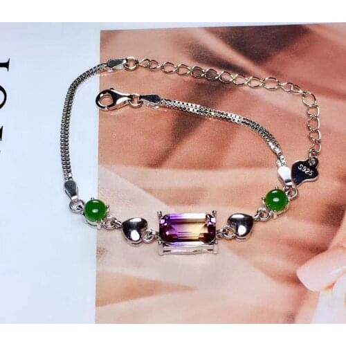 S925 silver natural Multicolor Ametrine bracelet natural jasper bracelet fashion square heart geometry girl party gift jewelry
