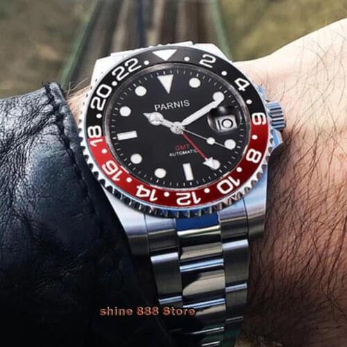 Parnis 40mm Automatic Mechanical Watch Men Luxury Brand GMT Sapphire Crystal Ceramic Bezel Luminous Waterproof Male Wristwatch