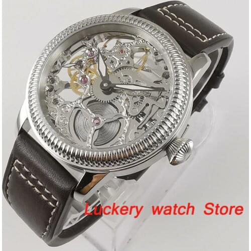 Parnis 44mm Men watches Hollow Mechanical watch 17 jewels 6497 Manual-winding mechanical movement