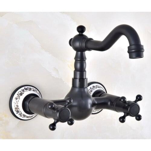Black Oil Rubbed Bronze Bathroom Kitchen Sink Faucet Mixer Tap Swivel Spout Wall Mounted Two Handles mnf852