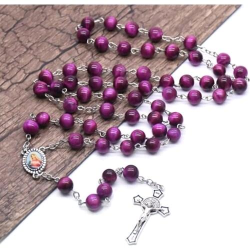 8mm Rosary Prayer Beads Tiger Eye Stone Necklace Virgin Cross Christian Catholic