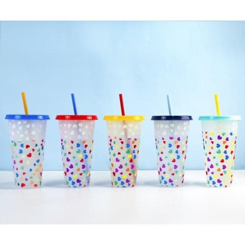 Colorful Love Pattern Straw Color Changing Cup 710ml Cold Drinks Discoloration Tumblers Drinkware Coffee Mug Water Cups With Lid