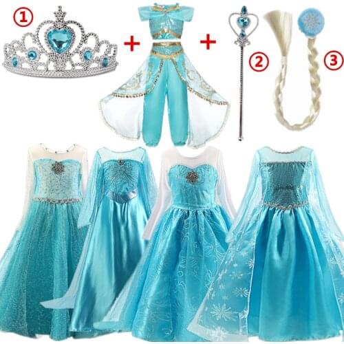 Elsa Blue Princess Cosplay Costume For Girls Lace Sleeve Voile Outfit For Children Halloween Role Play Dress For Kids