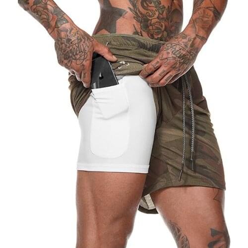 Fitness Running Shorts Mens 2 in 1 Security Pockets Leisure Shorts Quick Drying Sport Shorts Built-in Pockets Hiden Pockets