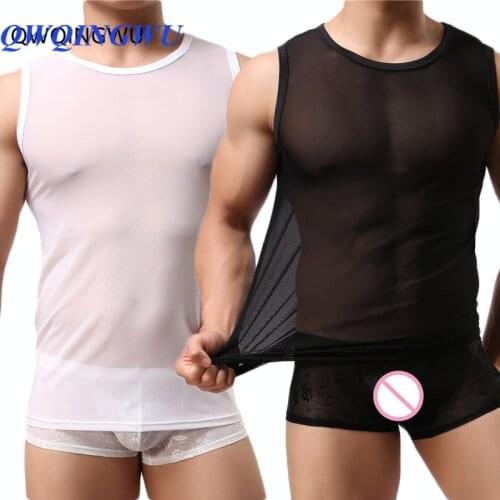 2PCS Casual Undershirt Mens Transparent T Shirt Sexy Mesh See Through Tops Tees Tight Singlet Gay Thin Shaper Male Undershirts