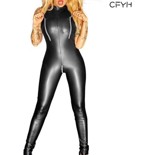 Hot Sale Women Sexy Latex Open Crotch Jumpsuit Erotic Clubwear Zipper Gothic Punk Leather Catsuits Lady Nightclub Bodysuit