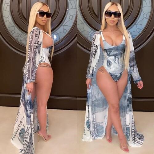 2021 Summer Money Print 2 Piece Bikini Set Womens Clothes One Piece Club Bodysuits and Full Sleeve Open Stitch Female Outfits