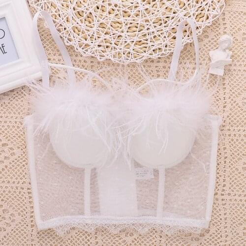 Wriufred Lace mesh camisole female outerwear bralette fashion stage style hollow halter lingerie sexy real feather tube top bra