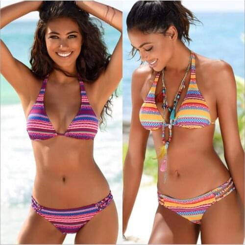 Summer Women Bikini Set Padded Up Halter Bra and Low Waist Thong 2pcs Swimsuit for Beach Pool Party