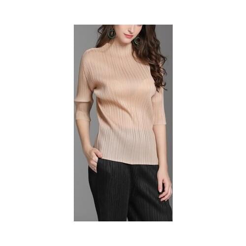 HOT SELLING fashion fold half-sleeved Half high collar new sexy Thin permeable fabric T-shirt women IN STOCK