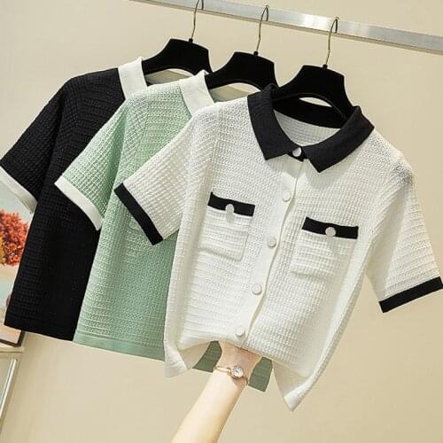 LJSXLS Korean Single Breasted Short Sleeve Cardigan Knitted Sweater Women 2021 Summer Casual Contrast Color Chic Sweaters Female