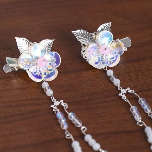 Chinese Style Sweet Big Colorful Flower Silver Leaves Decor Children Girl Hairpins Long Tassels Birthday Party Headwear LB