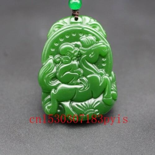 Fashion Natural Green Jade Horse Monkey Pendant Necklace Chinese Hand-Carved Charm Jewellery Amulet for Men Women Lucky Gifts
