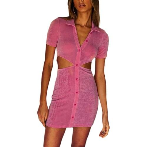 2021 New Female Dress, Solid Color Turn-Down Collar Short Sleeve Package Hip for Summer, Pink/Green/Black/Blue