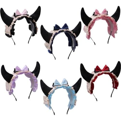 Kawaii Lolita Headband Ox Devil Demon Horns Lace Hair Hoop Ruffled Satin Ribbon Bowknot Anime Cosplay Bandana Headwear