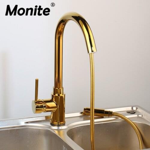 Golden Plated Swivel Pull Out Kitchen Faucet Deck Mounted Single Handle Tap Polished Single Hole Kitchen Rotated Basin Mixer Tap