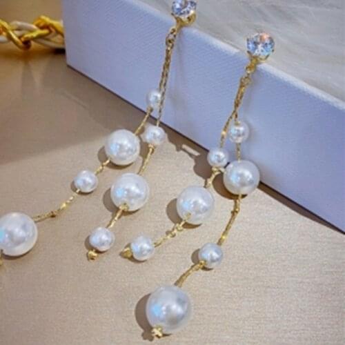 S925 Silver Needle Long Imitation Pearl Tassel Earrings New Temperament Net Red High-end Temperament Earrings Jewelry Oorbellen