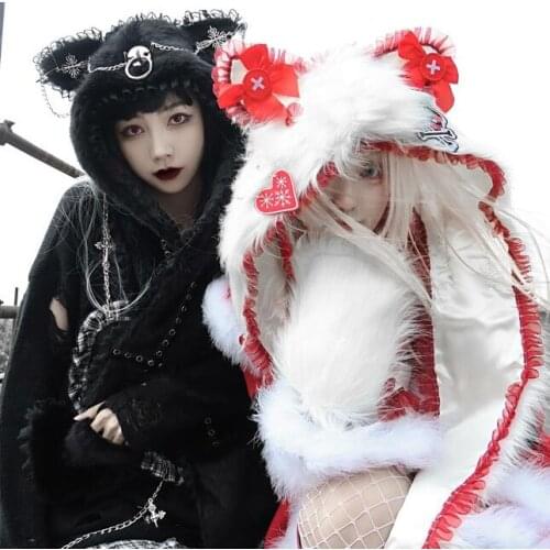 Girl Punk Metal Cat Ear Cap Headdress Scarf Plush Hooded Christmas Scarf Hat Winter Warm Windproof Earflap Cap Scarf Woman