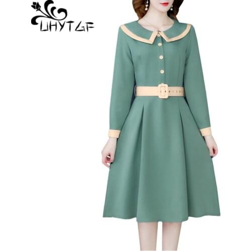 UHYTGF Women spring dress 2020 fashion single-breasted pullover elegant dresses temperament female slim bandage dress Genuine E1