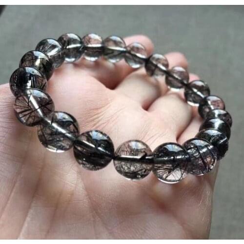 Fine jewelry free shipping Natural Black Rutilated Quartz Crystal Beads Bracelet AAA