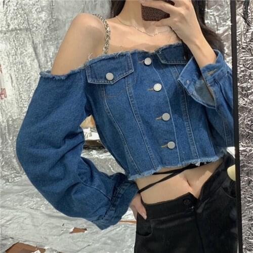Metal Chain Sling Denim Jacket One Shoulder Washed Edging Retro Denim Jacket Women Long Sleeve Single-Breasted Jeans Coat Female