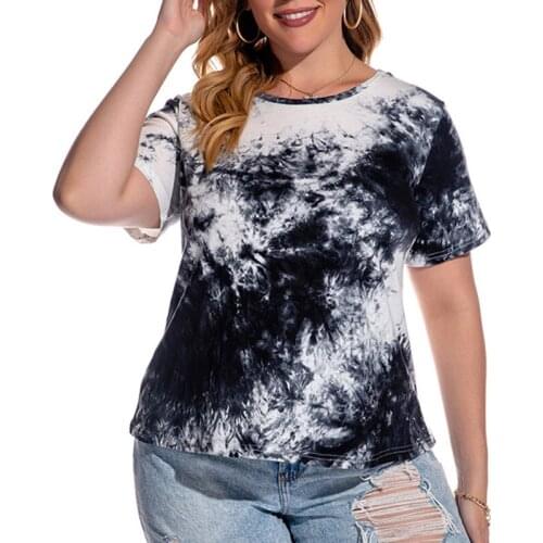 Feelycc 2021 Womens T-shirts Summer Fashion Korean Round Neck Short Sleeve Tie Dye Printed Tee Tops 4XL