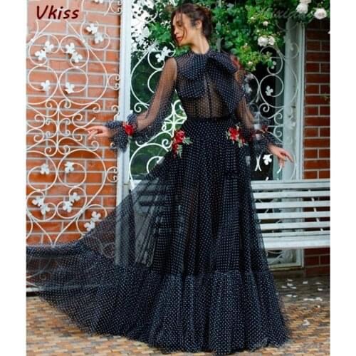 Black Illusion Prom Dresses 2020 Women Elegant Party Night Long Sleeves Vestidos Gala Sexy Prom Robes Cheap Tulle Evening Dress