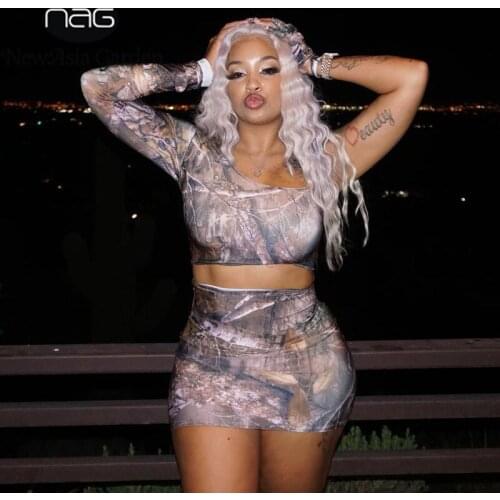 NewAsia Print Two Piece Set Women Single Shoulder Skew Collar Long Sleeve Crop Top Slim Fit Mini Skirts Set Sexy Club Outfits