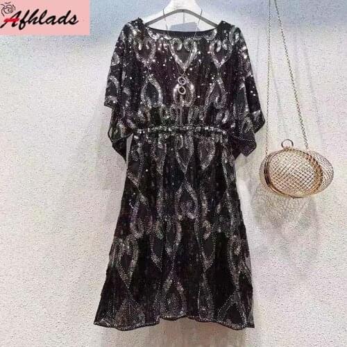 Sequined Fashion High Waist Night Club Sexy Vestidos Round Neck Elastic Waist Streetwear Ruffles Mini Party Dress For Women