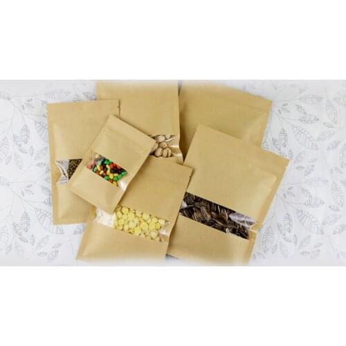 50pcs Flat Brown Kraft Paper Bags For Gifts/candy/tea/food/wedding With Window No Stand Up Zipper Kraft Bags Crafts Packing Bag