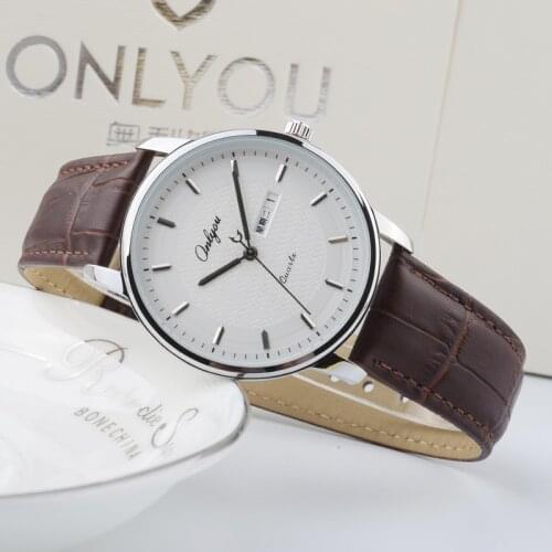 Men and women table ultra-thin mens casual watch quartz watch waterproof leather belt Korean style double calendar mens watch