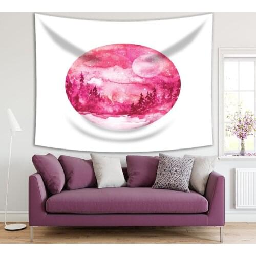 Tapestry Fir Pine Trees and Bushes Night Sky with Stars Full Moon Watercolor Painting in Circle Shape Artwork Wholesale