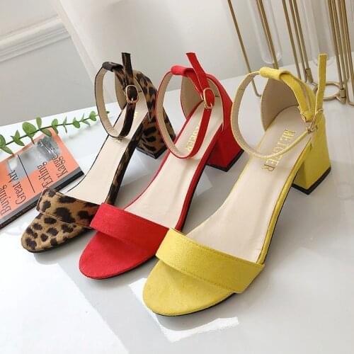 GXMHDD New 2021 Summer Sandals Knitted Buckle Fish Mouth Ankle Strap 4cm Middle Heel Yellow Green Black Beige Large Size 42