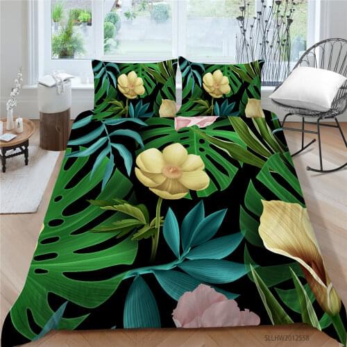 Yellow Flowers Bedding Set Monstera Lifelike Nature Duvet Cover Queen Single Double Twin Full King Floral Bed Set Cartoon