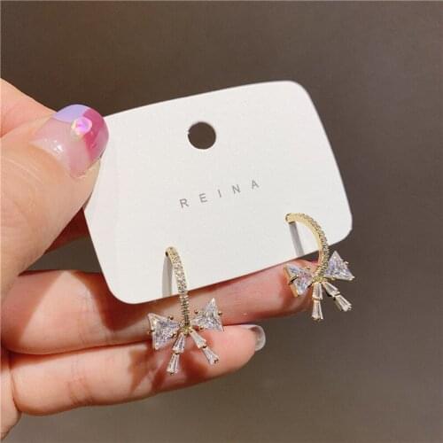 Korea Sparkly Crystal Bowknot Earrings for Women Girl Gold Color Metal Rhinestones Big Hook Drop Earrings Wedding Bridal Jewelry