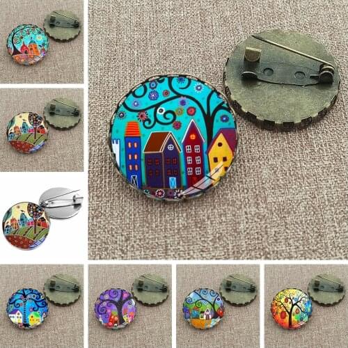 Colorful House and Tree Brooch Pin Cute Abstract Oil Painting House Glass Cabochon Brooches Cartoon Painting Pins Gifts Women