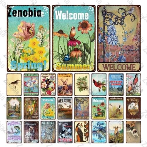 Metal Sticker Plate Flower Welcome Metal Poster Tin Sign Fashion Deer Cat Bird Animals Home & Garden Yard Decoration Plaques