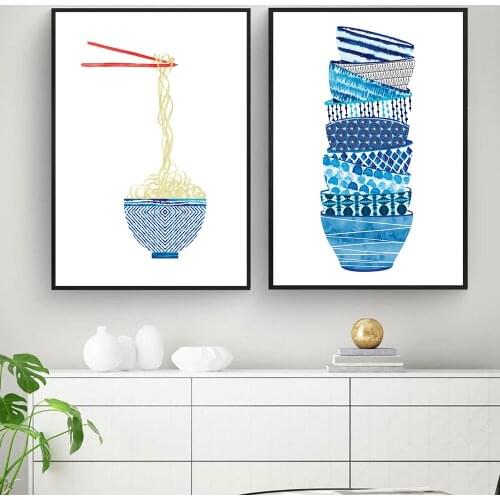 Stacked Bowls Watercolor Noodle Art Print Poster Japanese Ramen Canvas Painting Blue Style Wall Art Modern Kitchen Decor Picture
