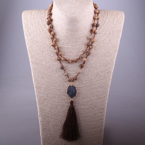 Fashion Natural Stone Knotted Rope Druzy Link Long Tassel Necklace Handmade Women Stone Necklace