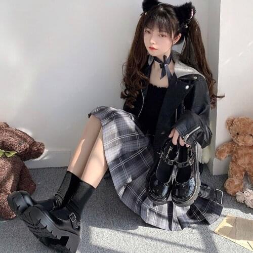 Black Gothic Japanese High Heel Thick Bottom 5cm Platform Velcro Shoes Round Head Fashion Anime Mary Jane Jk Uniform Shoes