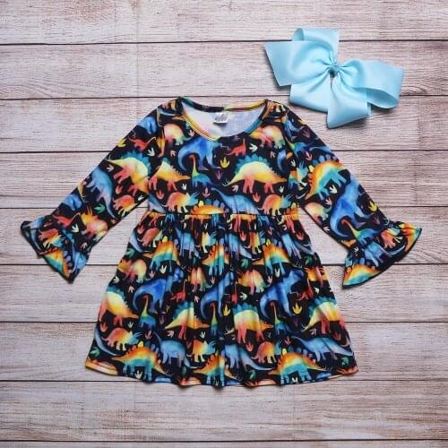 Autumn Style Pure Cotton Baby Girls Dress Long Sleeve Dinosaur Print Boutique Girl Casual Daily Clothing