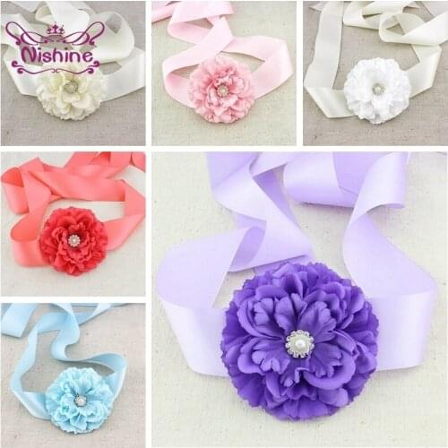 Nishine Solid Color Peony Flower Sash with Pearl Rhinestone Women Fashion Wedding Dress Belt Holiday Party Decoration Photo Prop