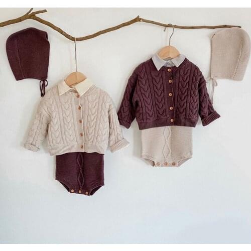 Baby Girl Shirt Clothes Autumn Spring Baby Rompers Girls Baby Clothes Set Braces Romper+ Knit Coat Clothes Set