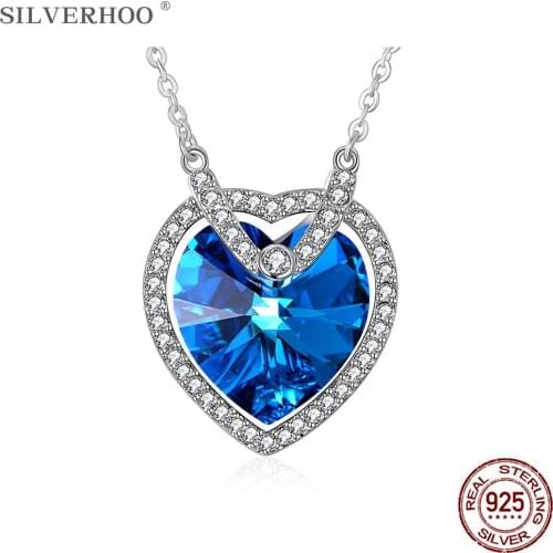 SILVERHOO Cute Heart Pendant Necklaces Sterling Silver 925 Jewelry Blue Austria Crystal Necklace Women Engagement Gift Hot Sale