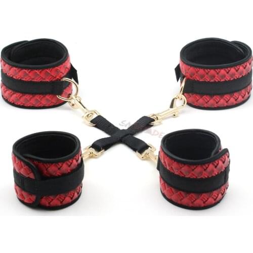 Smspade red PU luxurious fetish hog-tied bondage set with handcuffs ankle cuffs hog tie adult sex toys for couple BDSM restraint