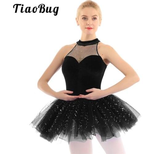 TiaoBug Adult Sleeveless Shiny Sequins Velvet Professional Ballet Tutu Dress Gymnastics Leotard Women Performance Dance Costume