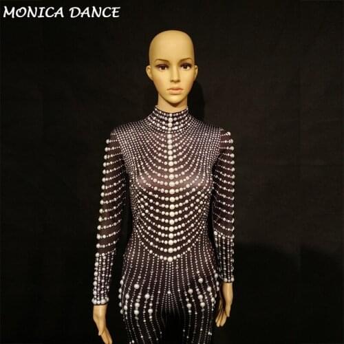 Women Fashion Black Nude Pearls Jumpsuit One-piece Stretch Sexy Bodysuit Stage Performance Party Celebrate luxurious Leggings