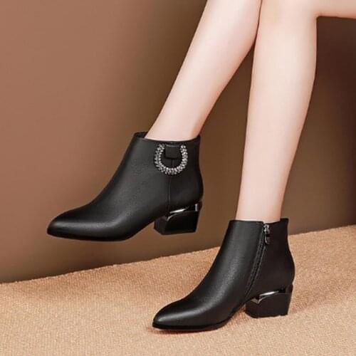 Women Pointed Toe Boots Winter Autumn Black Ankle Boots for Woman Thick Square 5CM High Heel Boots